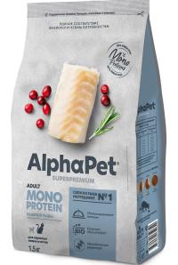 Сухой корм AlphaPet Superpremium MONOPROTEIN FISH, монобелковый корм из мяса белой рыбы для взрослых кошек